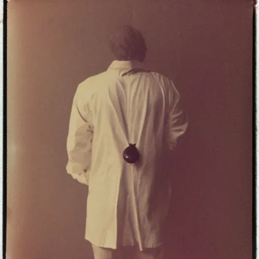 Image similar to a faceless man with a crystal rock as a head and face wearing a lab coat, vintage photography, realistic, 3 5 mm, polaroid, photograph