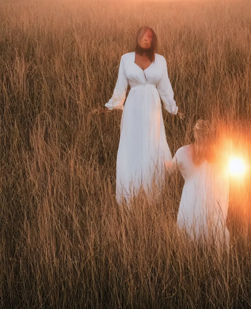 Prompt: “ a sad woman wearing a white gown standing in a tall grass field during a misty sunset, a glowing monolith appears in the sky, photograph ”