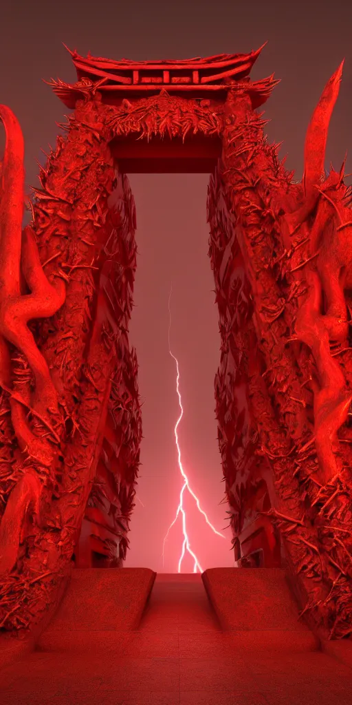 Image similar to 3 d render of a carved red torii gate infected by mushroom, sculpture, chrometype, neotribal with thorns and thunders, raytraced, volumetric lightning, 8 k, by zhelong xu, ouchh and and innate studio