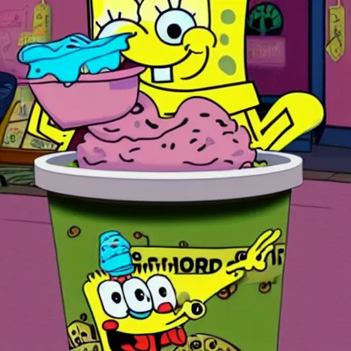 Prompt: SpongeBob buying new pet snails named Ben and Jerry who just love to eat icecream