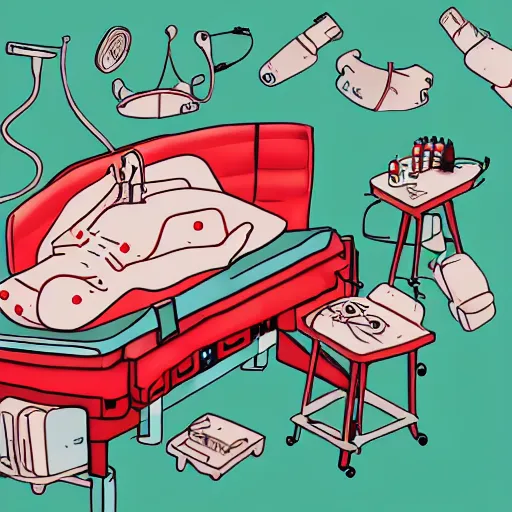 Image similar to chinese surgery operating table, in the style of daniel johnston and simon stålenhag and outsider art, 8k, line brush, overlaid with chinese adverts