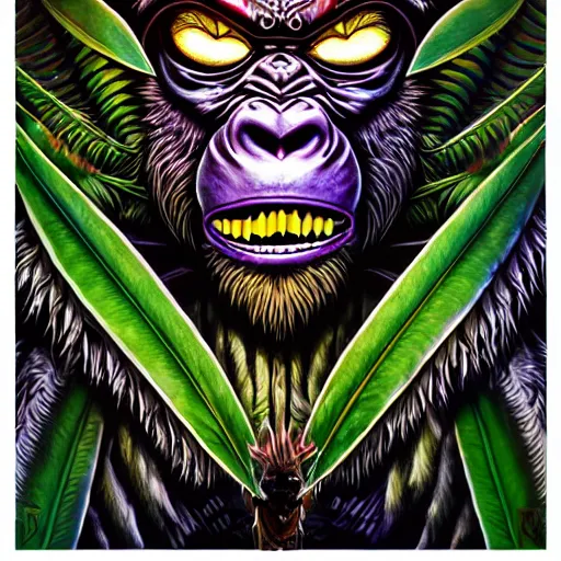 Image similar to barong family member, wiwek, mara demon, abstract, surreal, miami palm tree leaves, wild cat eyes, one single tribe member, jungle, one single mask, dark, ancient warrior, gorilla, king kong, scale skin, tribal, inner glow, art by dan mumford and justin gerard