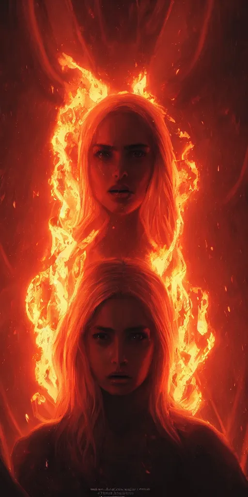 Image similar to evil pretty blond girl demon spawn surrounded by fire tornadoes, flawless symmetrical pretty cute face, ana de armas, hetrochromia, greg rutkowski, 8 k, shallow depth of field, intricate detail, concept art,