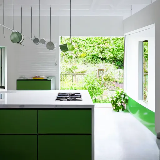 Prompt: a photograph of a contemporary kitchen, white with green accents, filled with plants and vines, morning light