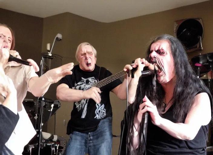 Image similar to a death metal band performing in a retirement home.