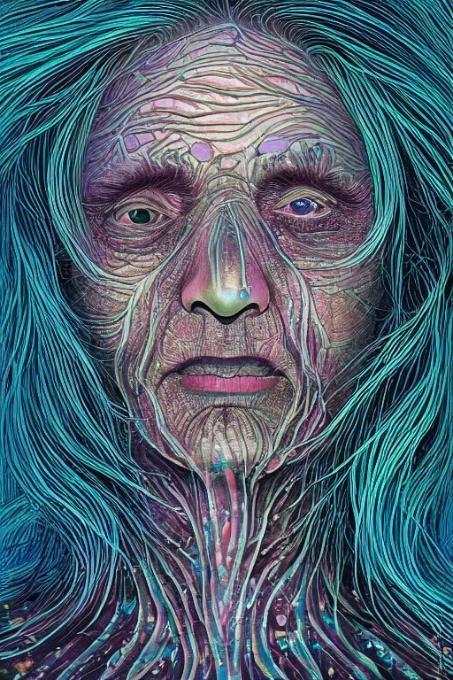 Prompt: dark underwater portrait of one bioluminescent old woman, with cracked reaction diffusion semi - transparent skin. multicolored fish scales, face closeup. long intricate dark hair. good face proportions. with many jellyfishes. very high detail, illustration, by alex grey and ilya kuvshinov