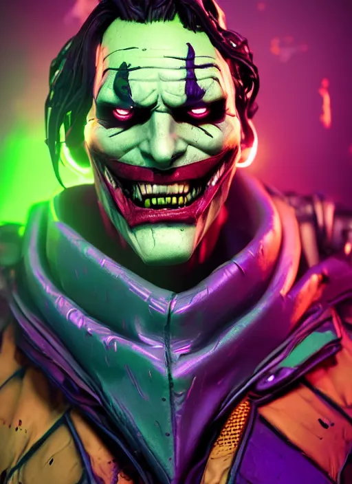 Image similar to glowwave portrait of the joker from borderlands 3, hyper detailed, digital art, trending in artstation, cinematic lighting, studio quality, smooth render, unreal engine 5 rendered, octane rendered, art style by heri irawan and wlop