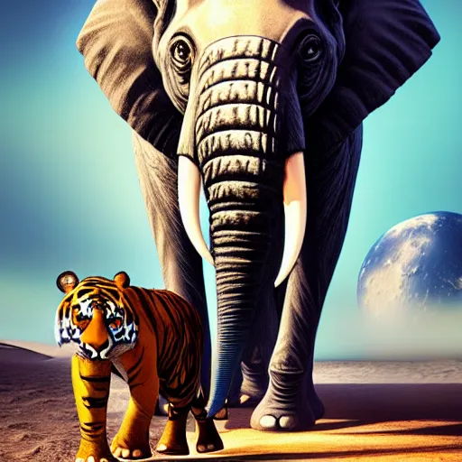 Image similar to A hyper real comic book style portait painting of an elephant and a tiger walking on the moon, unreal 5, hyperrealistic, octane render, cosplay, RPG portrait, dynamic lighting