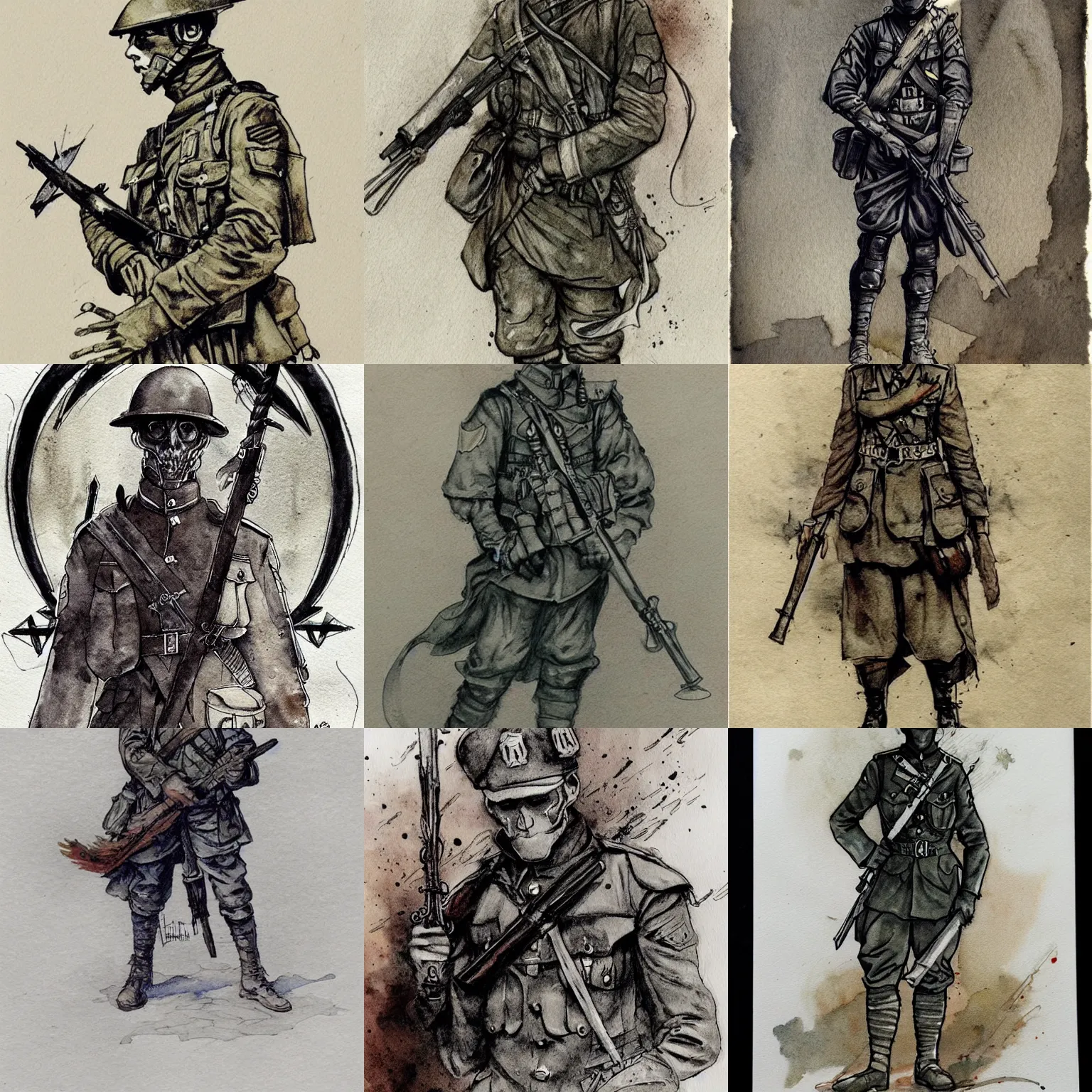 Prompt: beautiful aesthetic inspirational masterful professional ink pen and watercolor sketch of an occult mystical eerie satanic soldier in ww 1 verdun, fine details, trending on artstation, high quality paper