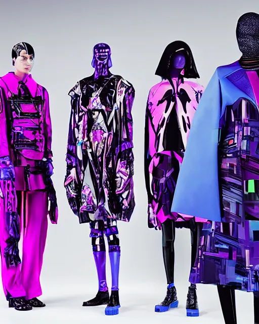 Image similar to an award winning fashion photograph of Balenciaga's fashion week 2049, cyberpunk, futuristic, Bladerunner 2049, dazzle camouflage!, dayglo pink, dayglo blue, raven black, corporate