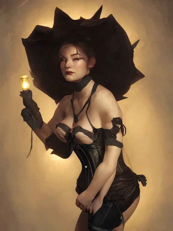 Image similar to hyperrealistic portrait of a woman among noir lanterns wearing a corset, fantasy art, photo realistic, dynamic lighting, artstation, volumetric lighting, very detailed face, 4 k, award winning, art by artgerm and greg rutkowski and alphonse mucha