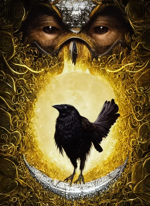 Image similar to best book cover design, glowing silver and golden elements, full close-up portrait of realistic crow with gems, book cover, green forest, white moon, establishing shot, extremly high detail, photo-realistic, cinematic lighting, by Yoshitaka Amano, Ruan Jia, Kentaro Miura, Artgerm, post processed, concept art, artstation, matte painting, style by eddie mendoza, raphael lacoste, alex ross