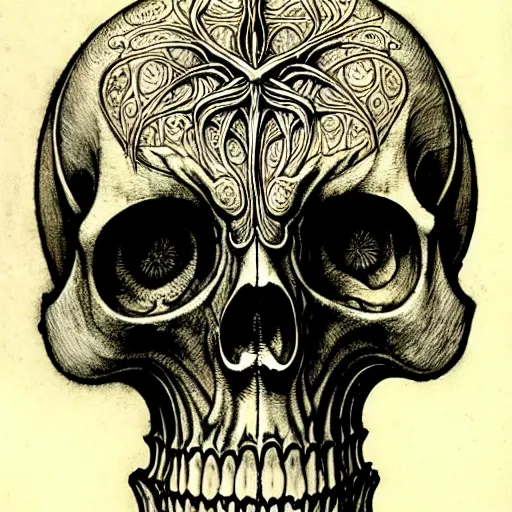 Image similar to memento mori by arthur rackham, detailed, art nouveau, gothic, ornately carved beautiful skull dominant, intricately carved antique bone, art nouveau botanicals, ornamental bone carvings, art forms of nature by ernst haeckel, horizontal symmetry, arthur rackham, ernst haeckel