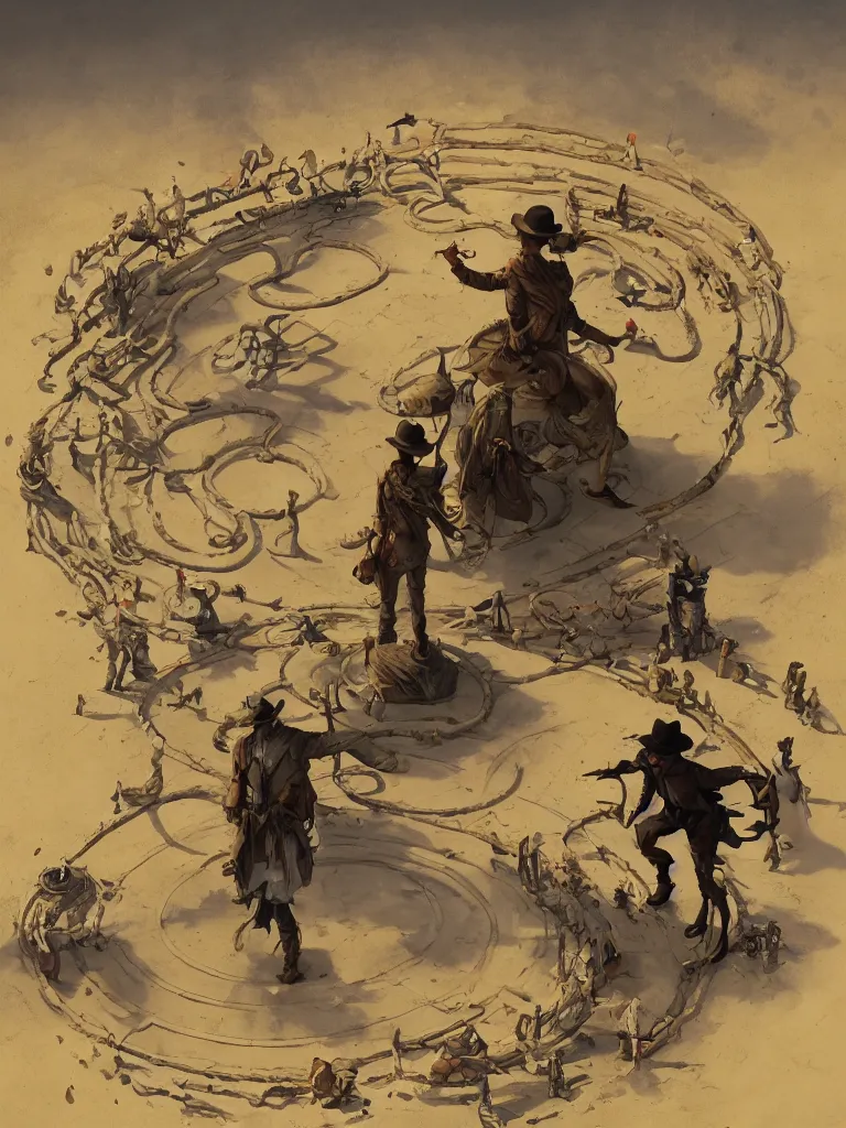 Image similar to a cowboy druid snake oil salesman standing in a circle at the bull run at the beginning of the world by peter mohrbacher and james jean