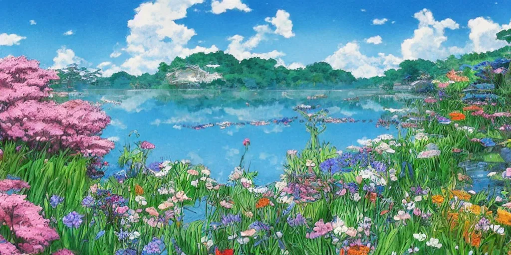 Image similar to a beautiful lake with blooming flowers, fantasy art, by studio ghibli