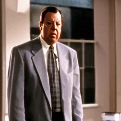 Prompt: Alfred Hitchcock making an appearance in American Psycho (1999)