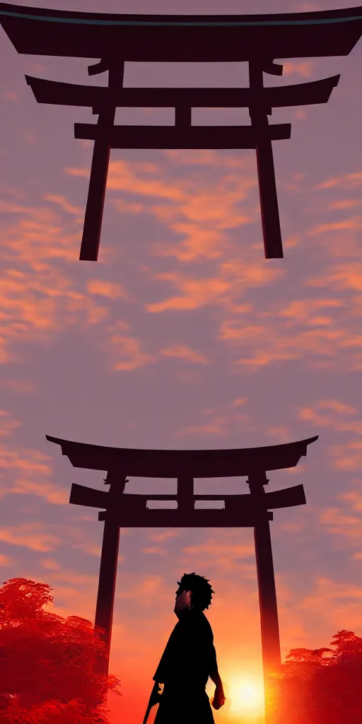 Image similar to Armed samurai standing under an enormous torii gate with the very very red rising sunrise ,hyper-realistic, your name sky, evening, octane rendering , inspired by Katsuhiro Otomo, pixelactivist