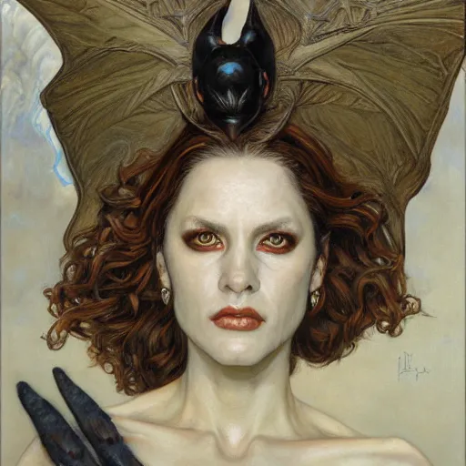 Prompt: portrait of the bat goddess, by donato giancola and gustave courbet.