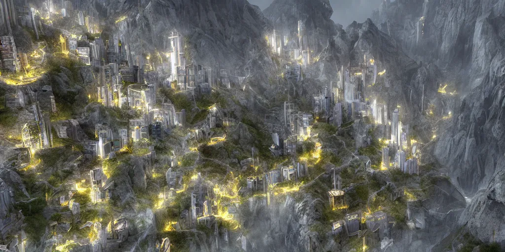 Image similar to an underground fantasy city on steep mountains, 8 k