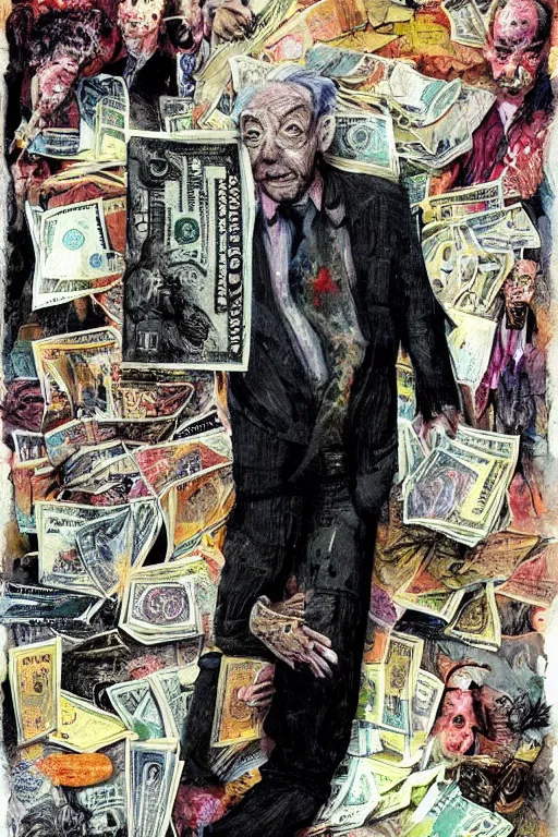 Prompt: George Soros full body shot, dollar bills Body horror, biopunk, by Ralph Steadman, Francis Bacon, Hunter S Thompson