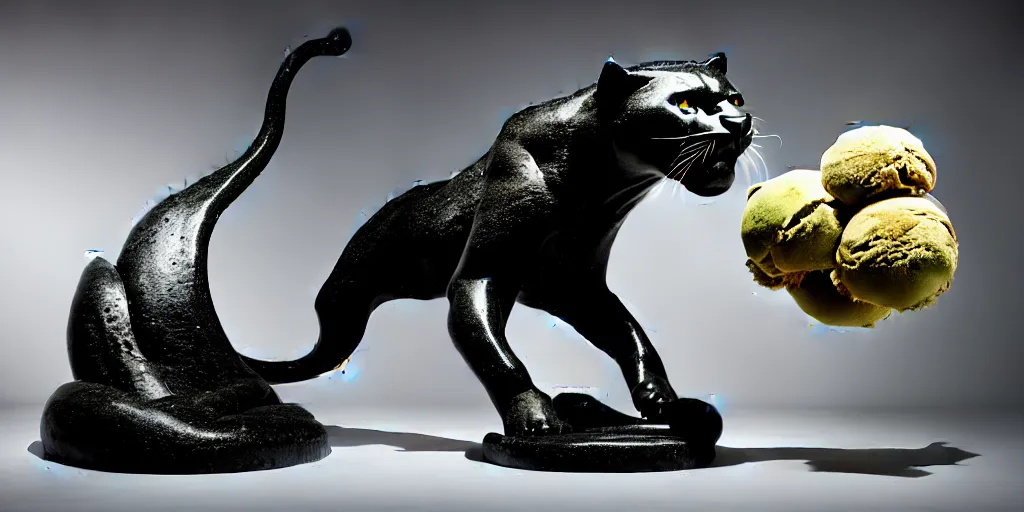 Prompt: panther sculpture created by a mixture of pistachio ice cream, black marble, dandelions and coca cola being thrown around by centrifugal forces, brilliant museum sculpture, award winning photo, 4k