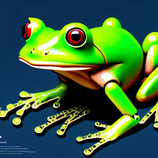 Image similar to a full body portrait of robot frog, finely detailed features, closeup at the faces, perfect art, gapmoe yandere grimdark, trending on pixiv fanbox, artwork by makoto shinkai, takashi takeuchi, studio ghibli, akihiko yoshida,
