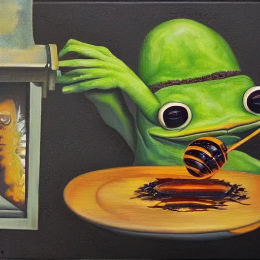 Image similar to pepe frog eating honey, surrealism, oil and acrylic on canvas, high detail