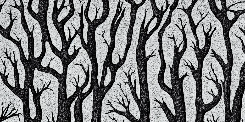 Prompt: hands stretched to form trees, grayscale, stippling