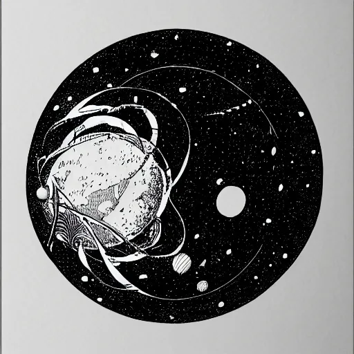 Image similar to black and white ink doodle illustration of a hippo shaped planet in interstellar space, style by peter deligdisch, peterdraws