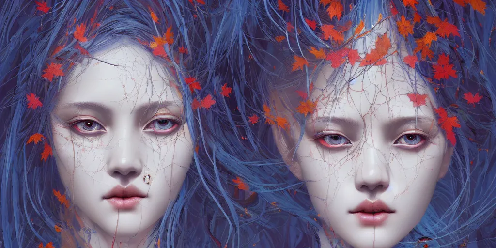 Image similar to breathtaking detailed concept art painting pattern of blue hair faces goddesses amalgamation autumn leaves with anxious piercing eyes, by hsiao - ron cheng and james jean, bizarre compositions, exquisite detail, extremely moody lighting, 8 k