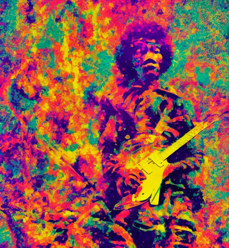 Image similar to jimi hendrix full body, colourful afrofuturist biomorphic scifi opart in background, 8 k