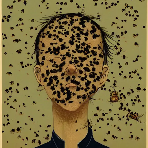 Image similar to a guy, face covered in moths, by shinji aramaki,