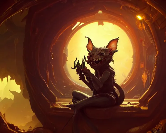 Image similar to a 4 k cinematic screenshot still portrait of a gremlin in a dark liminal space room surrounded by amber, deep focus, d & d, fantasy, intricate, elegant, highly detailed, digital painting, art station, concept art, matte, sharp focus, illustration, dark fantasy style art, hearthstone, art by artgerm and greg rutkowski and alphonse mucha