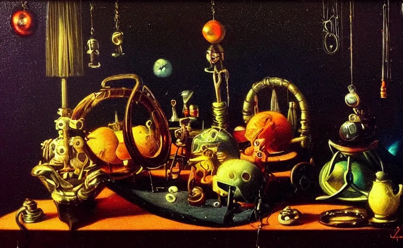 Image similar to disturbing colorful oil painting dark background dutch golden age vanitas still life futuristic sci fi beautiful composition with shiny smooth objects strange lights shiny metal reflections moody lights rachel ruysch dali todd schorr very detailed perfect composition rule of thirds masterpiece canon 5 0 mm, cinematic lighting, photography, retro, film, kodachrome