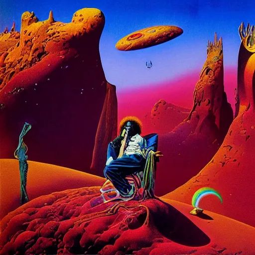 Prompt: colour portrait masterpiece photography of jimi hendrix full body shot by annie leibovitz, ultrawide angle, moebius, josh kirby, weird surreal epic psychedelic complex biomorphic 3 d fractal landscape in background by roger dean and syd mead and killian eng and james jean and giger and beksinski, greg hildebrandt, 8 k