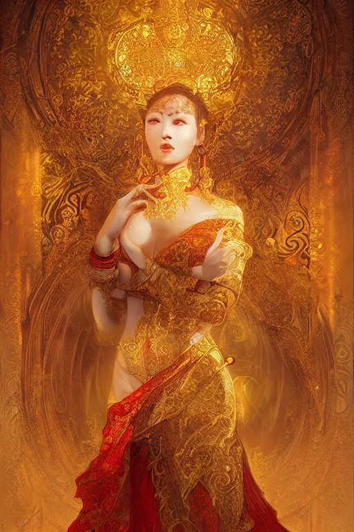 Image similar to tarot card artstation, portrait of an asian love dancer, sunrise, baroque ornamnet and rococo ornament, ancient chinese ornate, hyperdetailed, beautiful lighting, craig mullins, mucha, klimt, yoshitaka amano, red and gold and orange color palatte