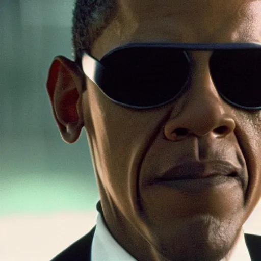 Image similar to a film still of Obama starring in The Matrix (1999), close up, portrait, shallow depth of field