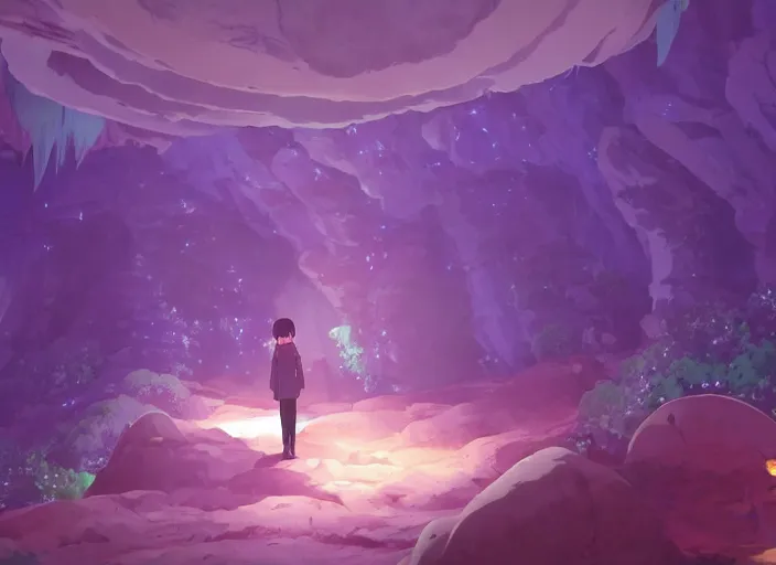 Prompt: Inside a magical cavern with bioluminescent mushrooms, peaceful and serene, incredible perspective, soft lighting, anime scenery by Makoto Shinkai and studio ghibli, very detailed