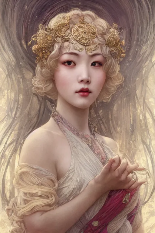 Image similar to beautiful asian girl, blonde hair, gold, god, white hair, 1 9 2 0 s fashion, fantasy, highly detailed, intricate, ethereal, highly detailed, sharp focus, artstation, digital painting, horror art, art by alphonse mucha, cedric peyravernay, tom bagshaw