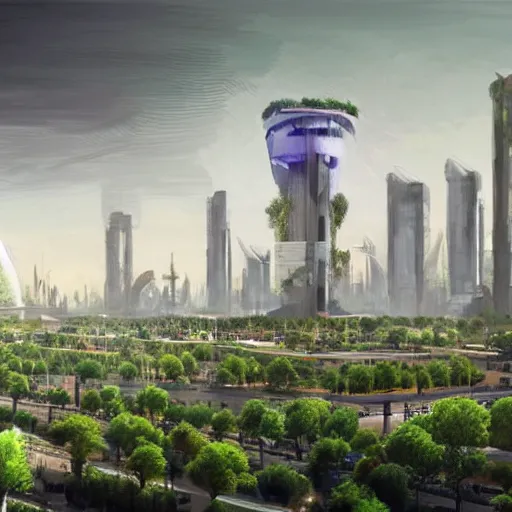 Prompt: a concept art of a dark solarpunk version of Paris with lush vegetation, tall skyscrapers and autonomous cars