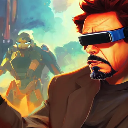 Prompt: tony stark wearing vr goggles and a big beard, by jesper ejsing, by rhads, makoto shinkai and lois van baarle, ilya kuvshinov, rossdraws global illumination