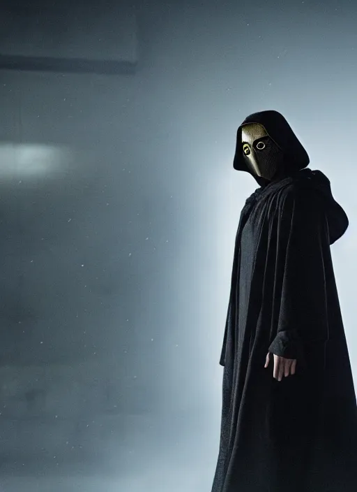 Image similar to dark figure wearing black robe with subtle trim gold accents hooded skull cyberpunk bladerunner 2049 movie still (2017)