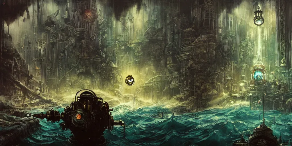 Image similar to concept art of a underwater city, bioshock style, rapture, dark atmosphere, hanafuda oil on canvas by ivan shishkin, james jean and yoji shinkawa