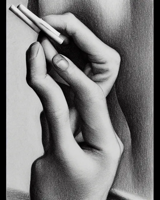 Prompt: drawing lesson, acurate, real, one elegant female hand, holding a cigarette with her fingers,highly detailed, elegant up to the elbow, only five fingers, separated, elegant, neat nails, fotorealism, advertisement for a crossover salon, style by Maurits Cornelis Escher, 8k,