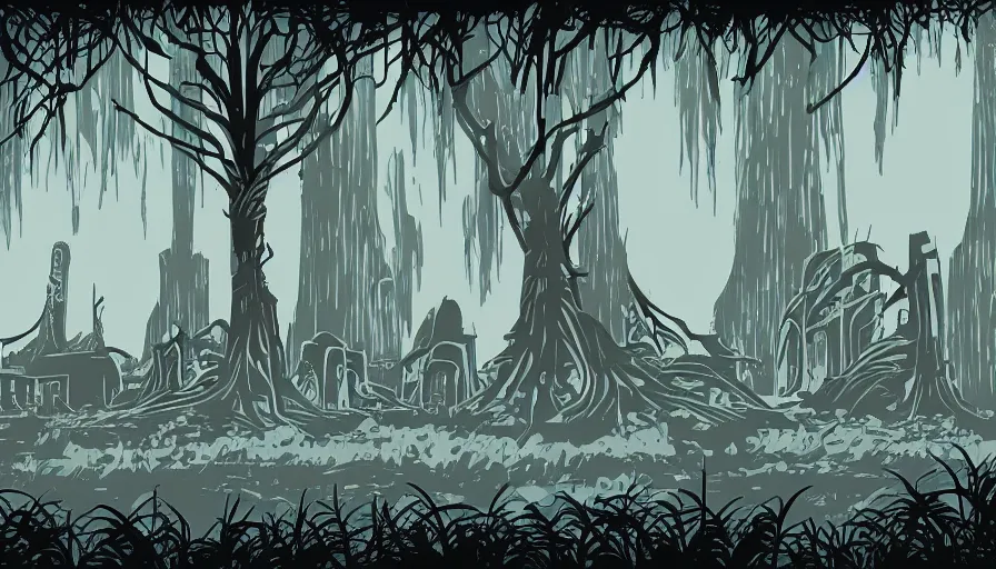 Prompt: alien ruins between towering red trees, dark, vector style drawing