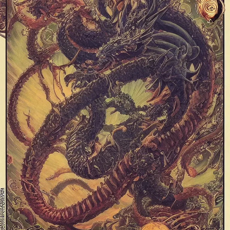 Image similar to portrait of Shenron The Eternal Dragon of the Earth Dragon Balls by Jeff Easley and Peter Elson + beautiful eyes, beautiful face + symmetry face + border and embellishments inspiried by alphonse mucha, fractals in the background, galaxy + baroque, gothic, surreal + highly detailed, intricate complexity, epic composition, magical atmosphere + masterpiece, award winning + trending on artstation