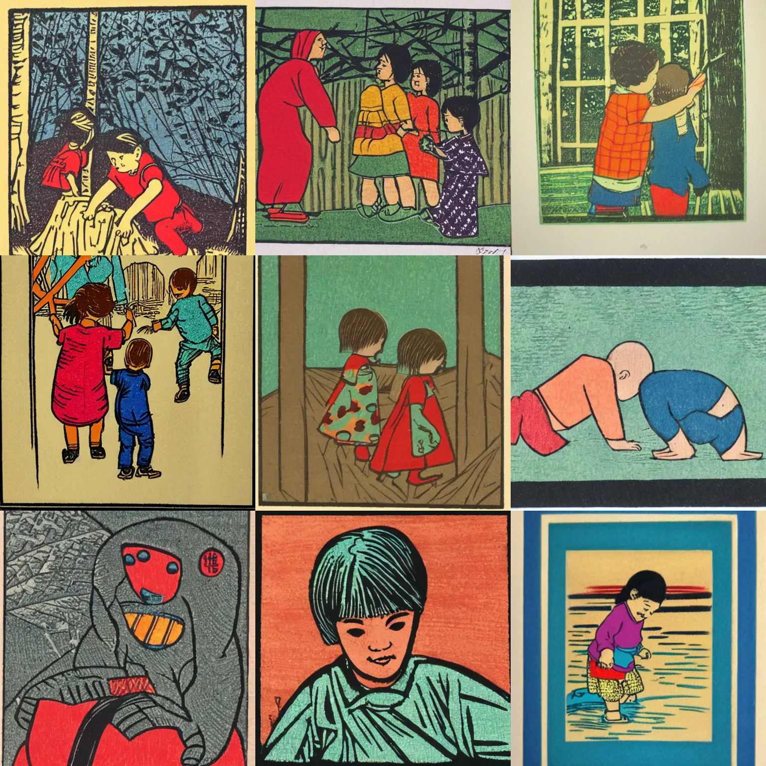 Prompt: color woodblock print, about childhood