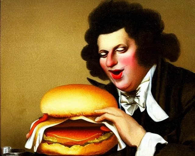 Image similar to ronald mcdonald eating a hamburger, painting by fransisco goya