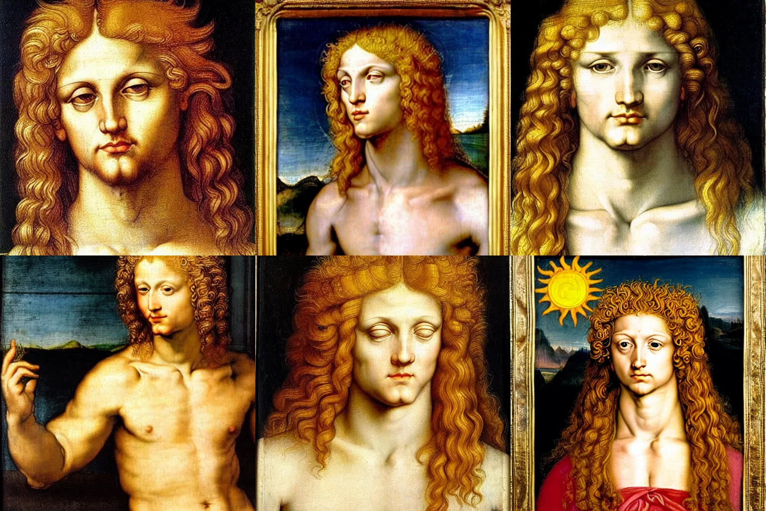 Prompt: the beautiful androgynous young blond male sun god apollo, very very long fluffy curly blond hair, pale white skin, 1 5 0 4, leonardo da vinci and peter paul rubens. oil painting