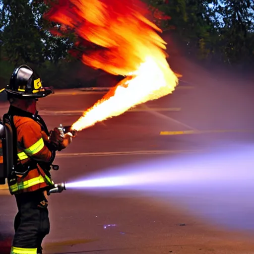 Image similar to photo of a firefighter using a flamethrower projecting a long flame. award-winning, highly-detailed